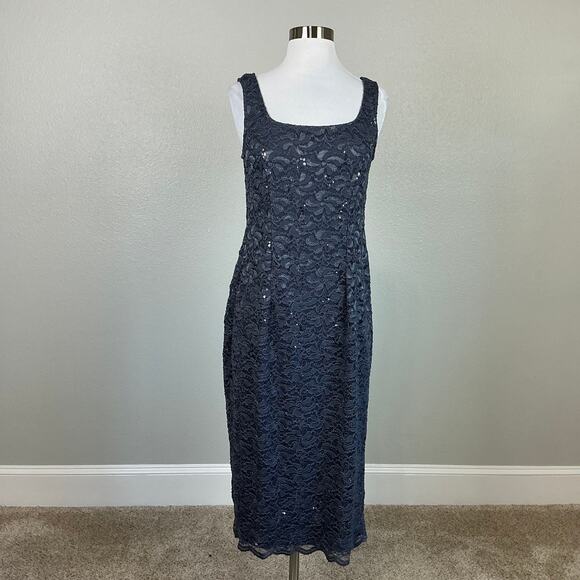 Alex Evenings Sequined Lace Sleeveless Midi Sheath Cocktail Dress Gray Size 8 - Picture 2 of 12